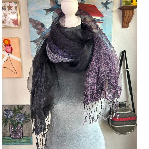 XL- double layered- Dark Academia Purple Cheetah Tassel Shawl 80 in + - Picture 1 of 7